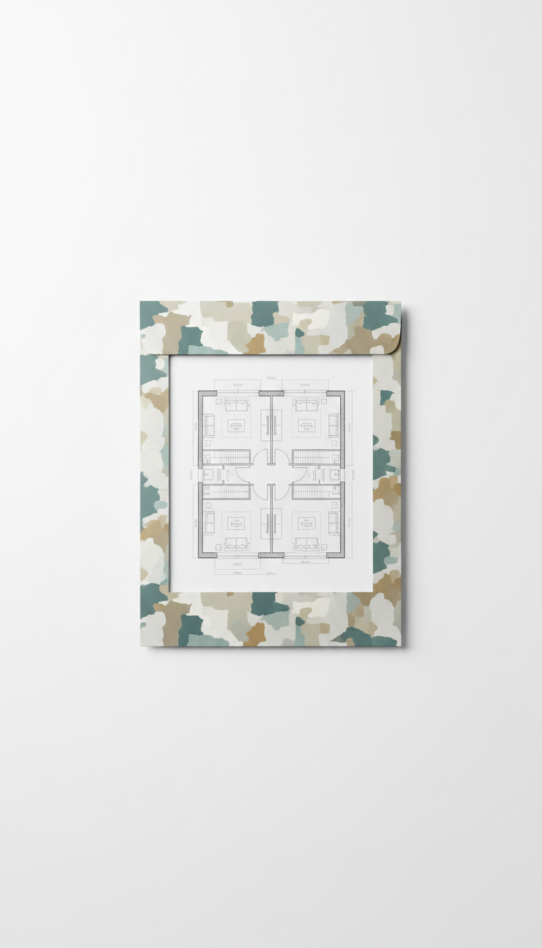 Detailed floor plan printout in branded sleeve